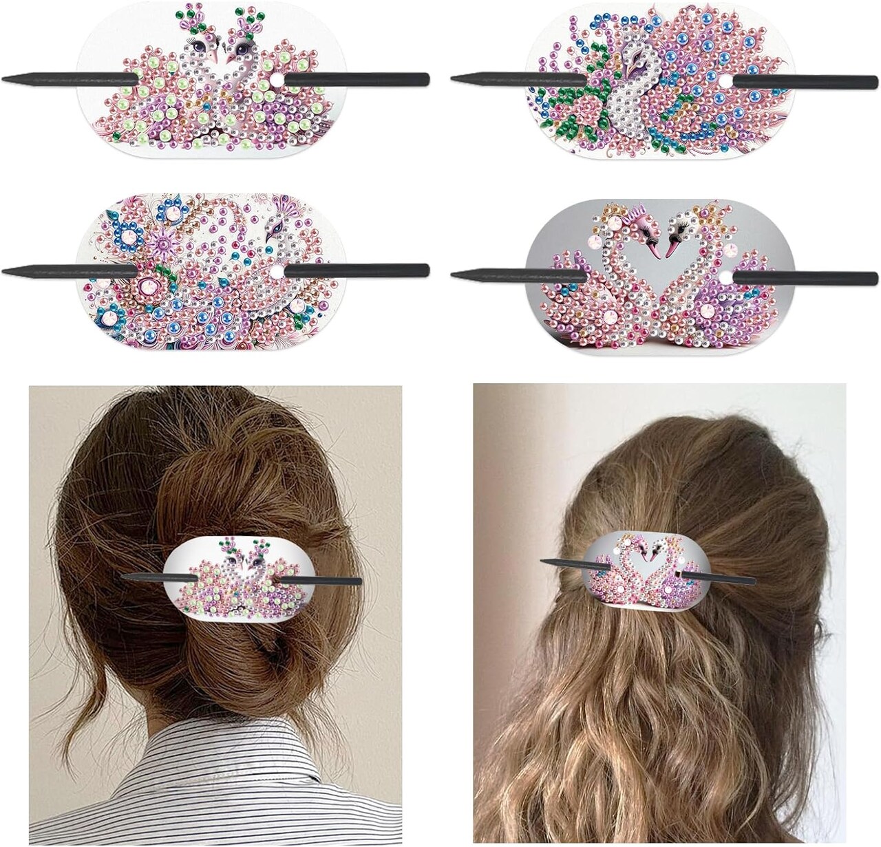 4pcs Diamond Painting Kits Round Hairpins, Special Shape Diamond Art Craft Kit, Pink Swan Pattern Handicraft, Elegant Chinese Twist Rod Wooden DIY Hair Clip with for Festivals, Daily Wear Parties